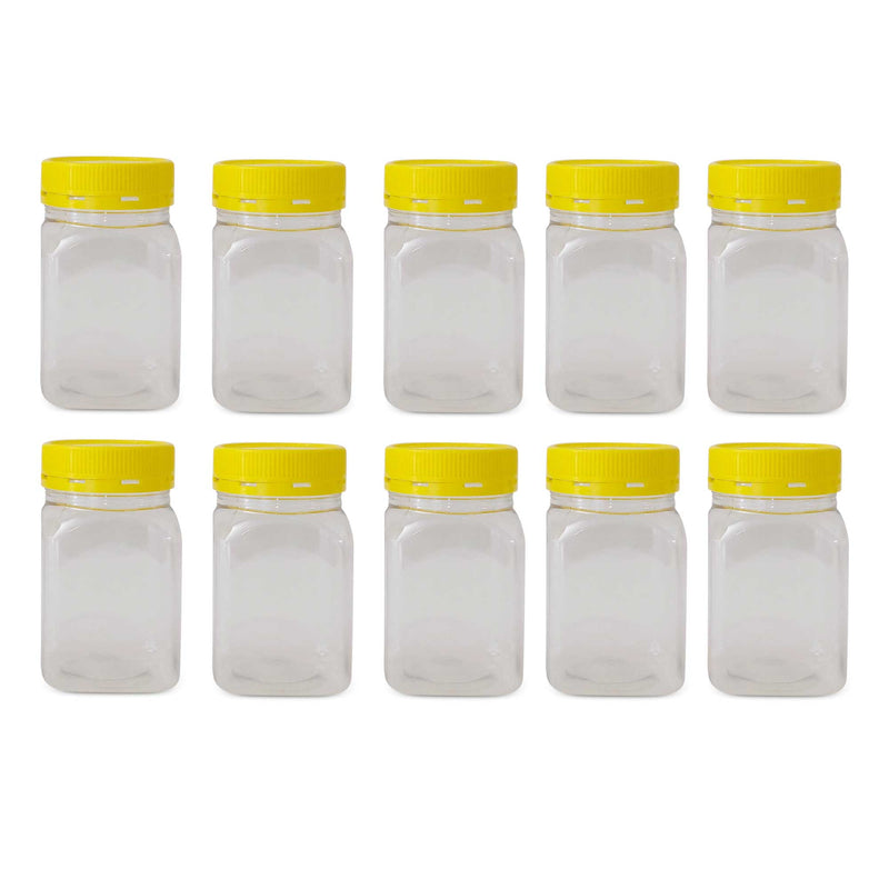 10x 500g Plastic Honey Jars + Lids - Square Clear Food Grade Packaging Containers