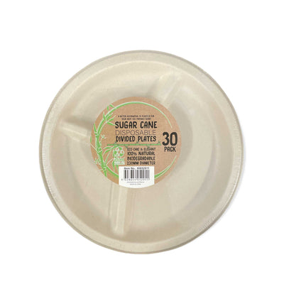 30 Pck Eco Disposable Party Divided Dinner Plate 23cm Biodegradable Sugar Cane