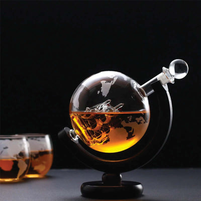 850ml Whiskey or Wine Globe Glass Decanter Set - 2x Glasses + Wooden Stand