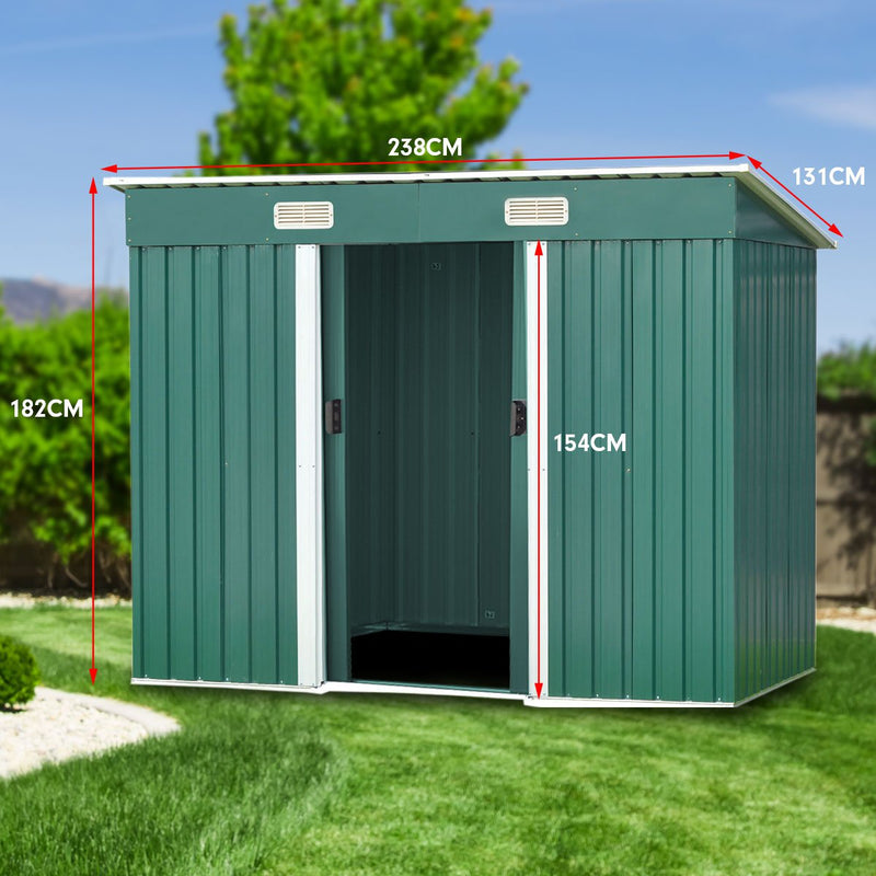 Wallaroo 4ft x 8ft Garden Shed Flat Roof Outdoor Storage - Green