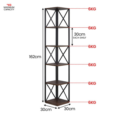 Sarantino Nora 5-Tier Corner Bookshelf in Walnut/Black