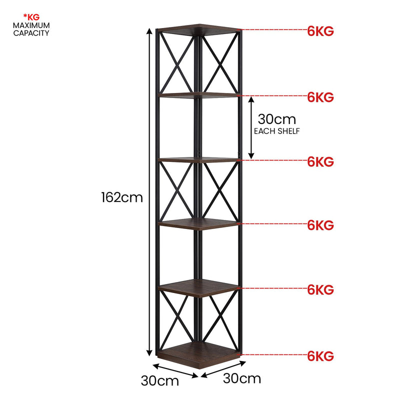 Sarantino Nora 5-Tier Corner Bookshelf in Walnut/Black