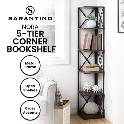 Sarantino Nora 5-Tier Corner Bookshelf in Walnut/Black