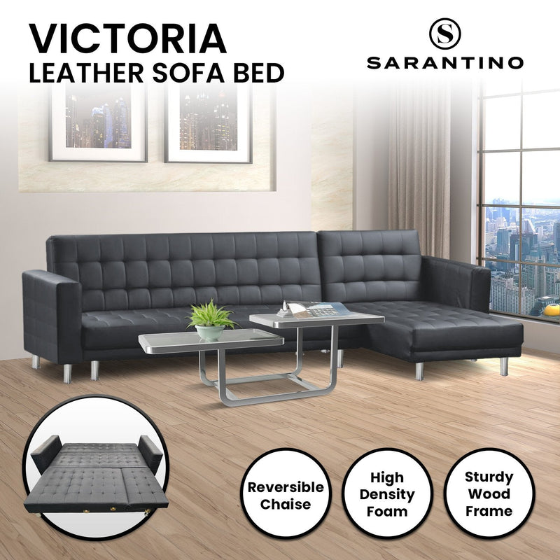 Sarantino Corner Faux Leather Sofa Bed Couch with Chaise - Black