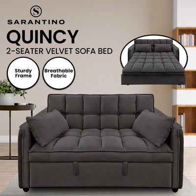 Sarantino Quincy 2-Seater Velvet Sofa Bed in Dark Grey with Wooden Frame and Tufted Design - Dark Grey