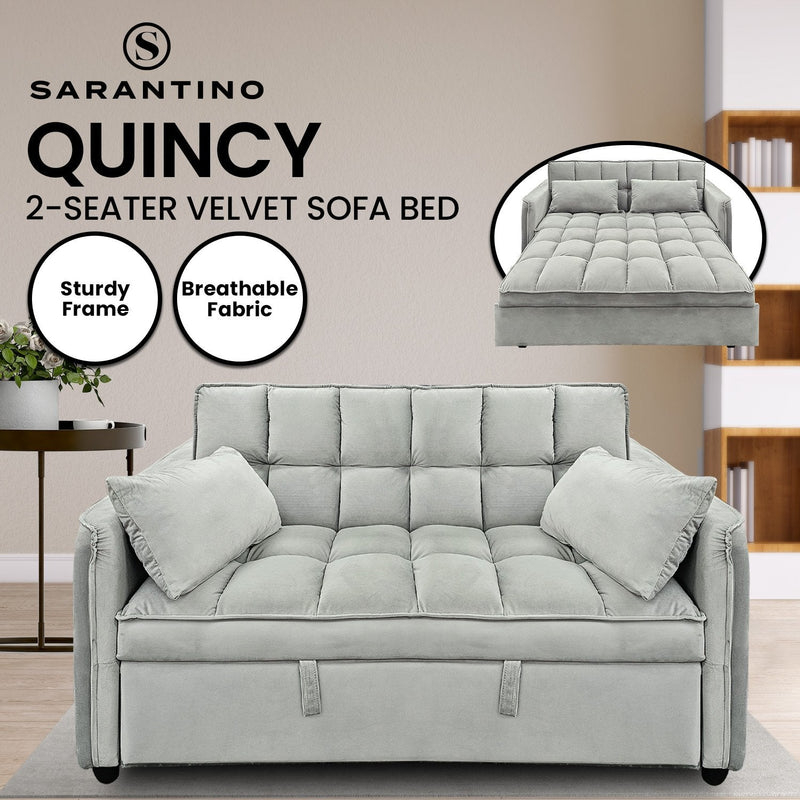 Sarantino Quincy 2-Seater Velvet Sofa Bed in Dark Grey with Wooden Frame and Tufted Design - Light Grey