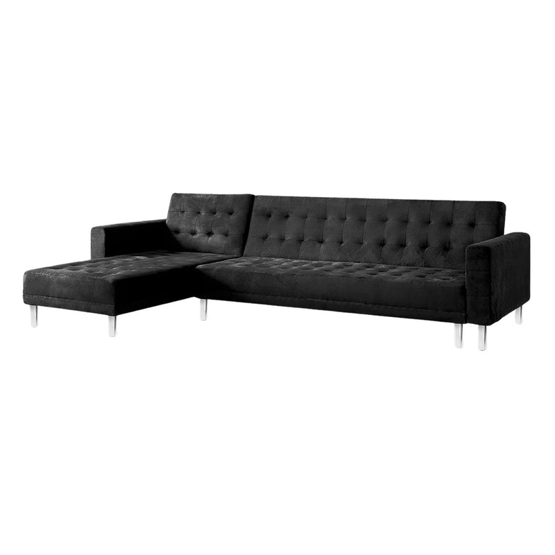 Sarantino Faux Velveteen Corner Wooden Sofa Bed Couch with Chaise Black