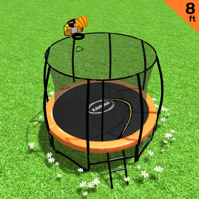 Kahuna 8ft Outdoor Orange Trampoline For Kids And Children Suited For Fitness Exercise Gymnastics With Safety Enclosure Basketball Hoop Set