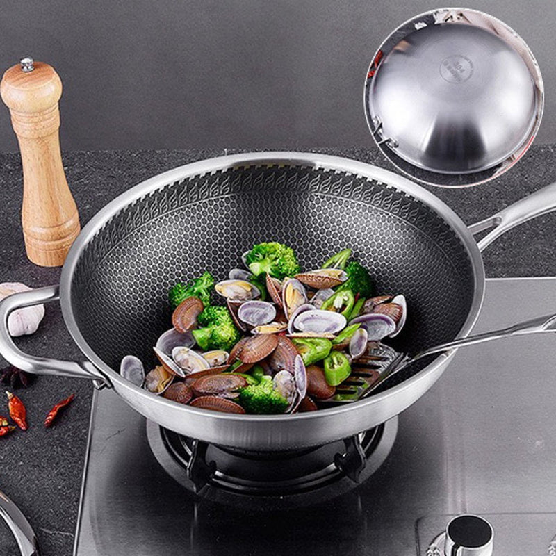 304 Stainless Steel 32cm Non-Stick Stir Fry Cooking Kitchen Wok Pan without Lid Honeycomb Single Sided