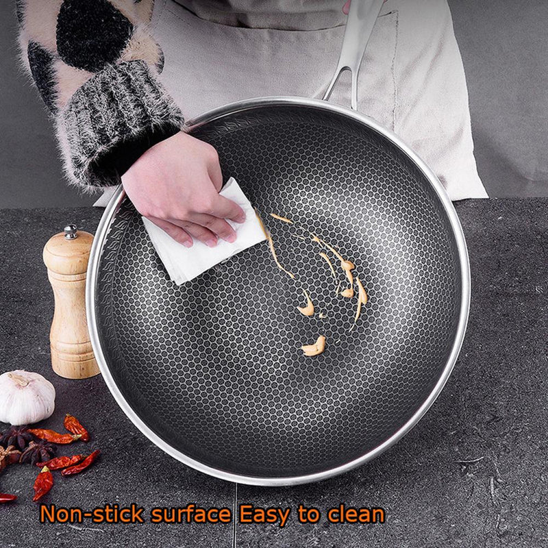 32cm 316 Stainless Steel Non-Stick Stir Fry Cooking Kitchen Wok Pan with Lid Honeycomb Double Sided