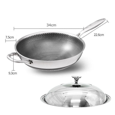 34cm 316 Stainless Steel Non-Stick Stir Fry Cooking Kitchen Wok Pan with Lid Honeycomb Double Sided