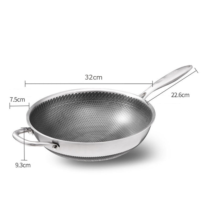 34cm 304 Stainless Steel Non-Stick Stir Fry Cooking Kitchen Wok Pan without Lid Honeycomb Double Sided