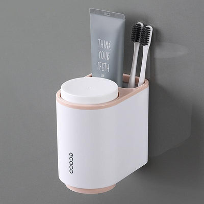 Ecoco Toothbrush Holder Multifunctional Wall-Mounted Magnetic Bathroom Pink Organizer Wall- Storage 2 Cups for Two People (Pink)