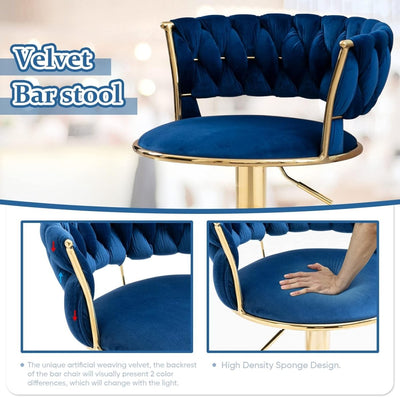 2x Height Adjustable Swivel Bar Stool Velvet Golden Base Barstools Chairs Padded Seat- Blue