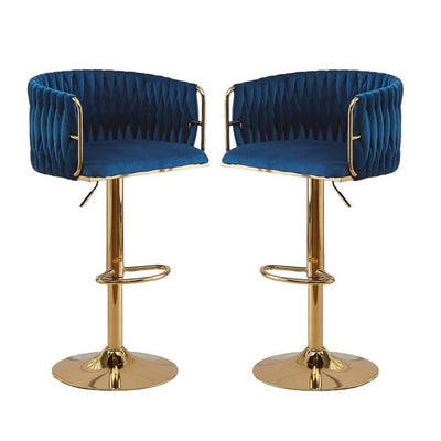 2x Height Adjustable Blue Swivel Bar Stool Velvet Golden Round Base Barstools Chairs