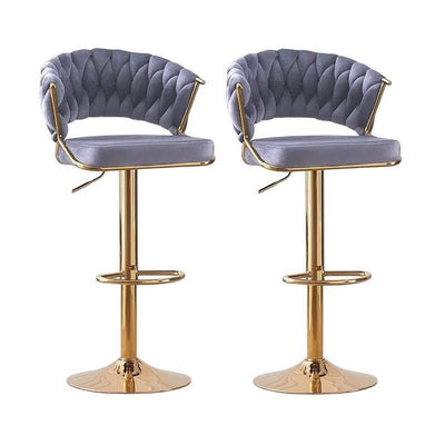 2x Height Grey Velvet Padded Golden Round Base Barstools Chairs