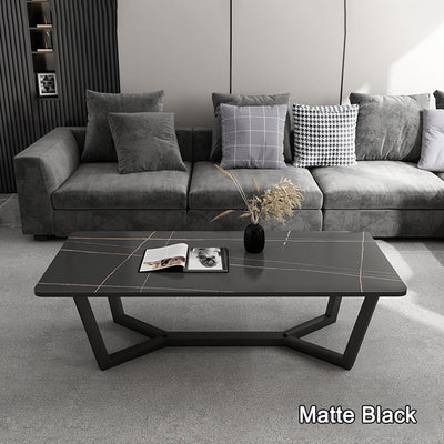 120x60cm Matte Black Minimalist Slate Coffee Table Marble Tea Table Living Room Rectangle Cocktail Side Table Solid Metal Legs