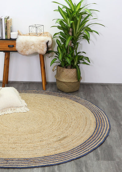 Capri Navy Blue Natural Round Boarder Rug 200x200 Round