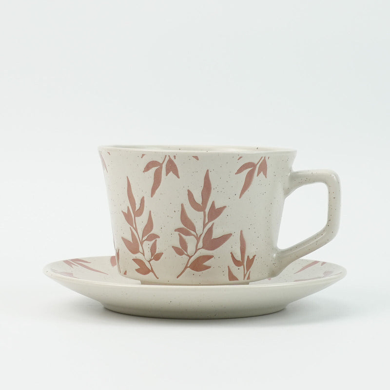 High-Fired Ceramic Stoneware Speckle Cup & Saucer Set 380ml Floral Tea Spoon EARTHY RED