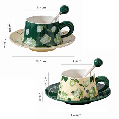 2X High-Fired Ceramic Porcelain Cup & Saucer Set 300ml Vintage Floral Tea Spoon GREEN