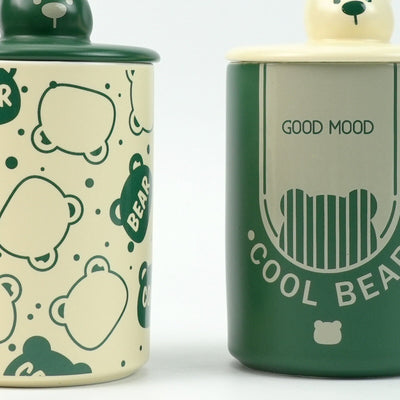 2X High-Fired Ceramic Porcelain Mug Set with Lid 400ml Bear w Tea Spoon GREEN