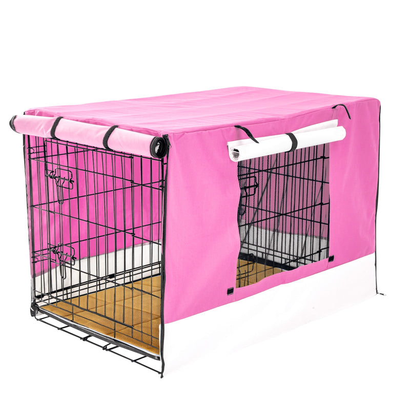 Wire Dog Cage Crate 48in with Tray + Cushion Mat + PINK Cover Combo