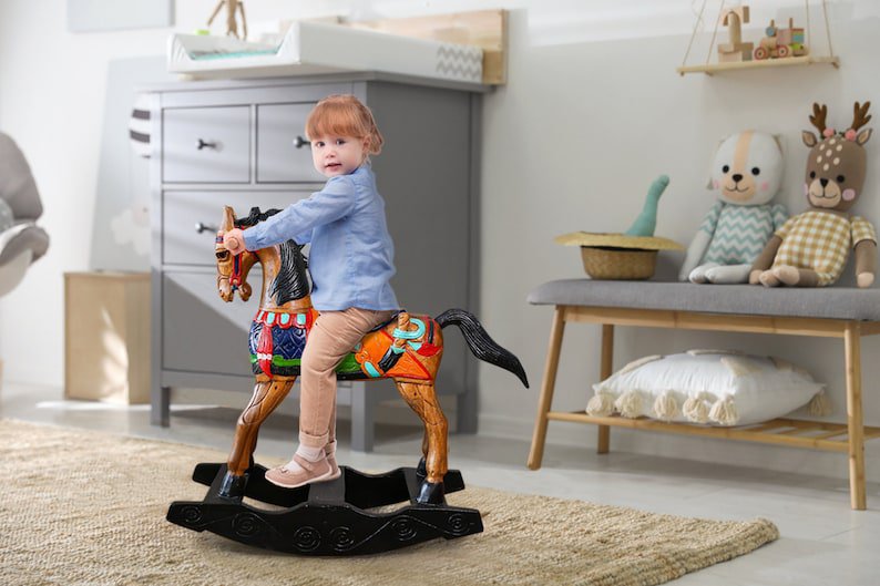 Rocking horse handmade solid wood-beautiful hand painted detail-very unique