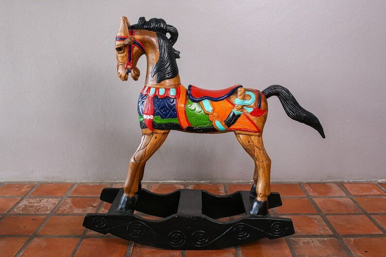 Rocking horse handmade solid wood-beautiful hand painted detail-very unique