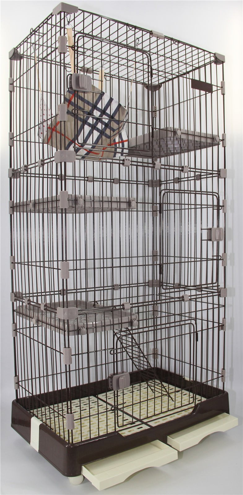 146 cm Brown Pet 4 Level Cat Cage House With Litter Tray & Wheel 72x47x146 cm