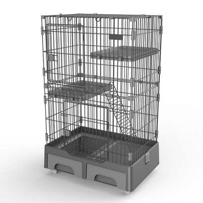 YES4PETS 134 cm Grey Pet 3 Level Cat Cage House With Litter Tray And Storage Box