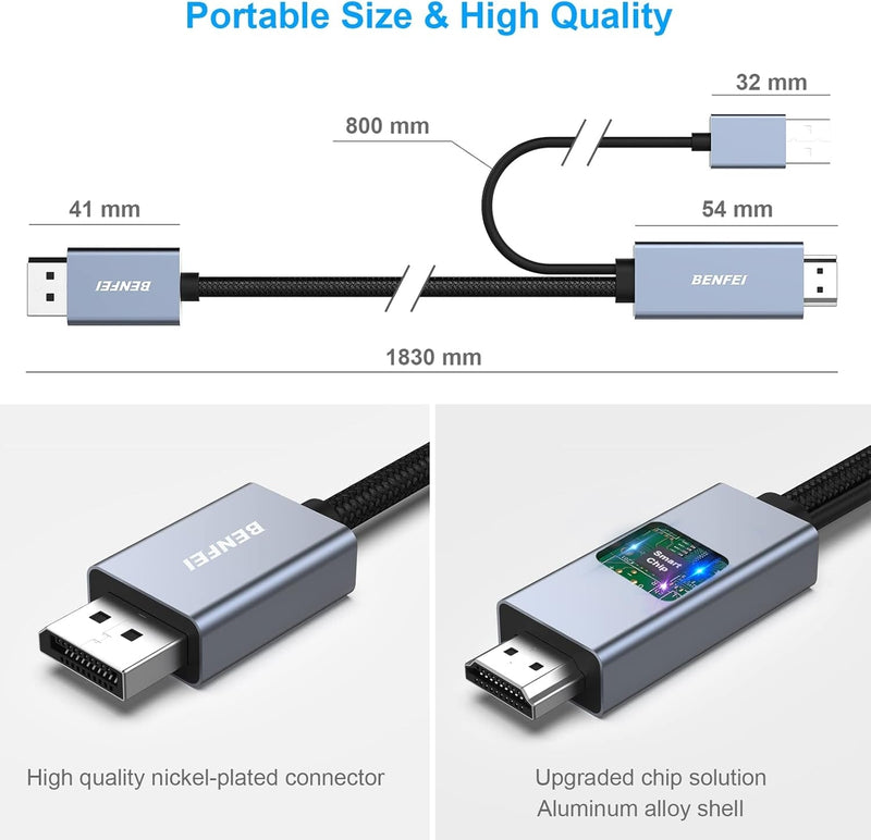 BENFEI 344GY-3M HDMI to DisplayPort Unidirectional 4K Active Cable with USB Powered 3M