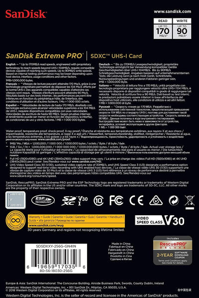 SANDISK SDSDXXY-256G-GNCIN SDXC Extreme Pro V30 4K/UHD UHS-I/U3 170MB