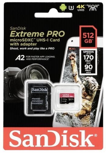 SANDISK SDSQXCZ-512G-GN6MA MICRO EXTREME PRO A2 V30 UHS-I/U3 170R/90W SDXC CARD WITH ADAPTER