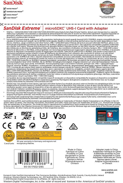 SANDISK SDSQXA1-128G-GN6MN  MicroXD  Extreme A2 V30 UHS-I/U3 160R/90W  NO SD ADAPTER