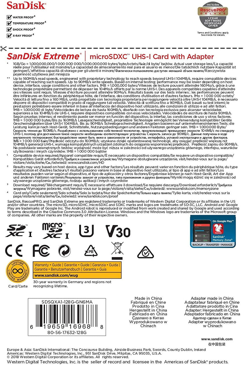 SANDISK SDSQXA1-128G-GN6MN  MicroXD  Extreme A2 V30 UHS-I/U3 160R/90W  NO SD ADAPTER