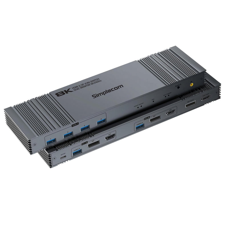 Simplecom KM490 HDMI and DisplayPort Dual Monitor KVM Switch for 2 Computers with 4-Port USB 3.0 Hub 5Gbps 8K@60Hz