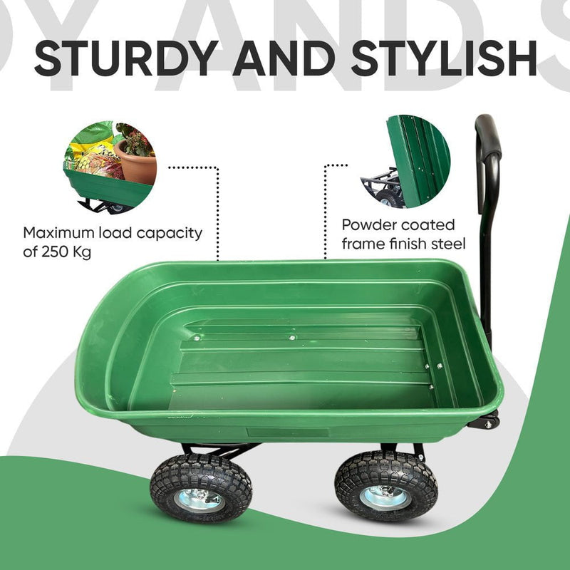 Garden Dump Cart with Heavy Duty Steel Frame,10 Inch Pneumatic Tires Maximum Load Capacity of 250 kg (Green), Garden Trolley Cart, Camping Cart