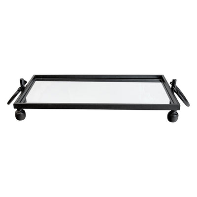 Eliza Small Rectangle Iron Mirror Tray with Handles - Black