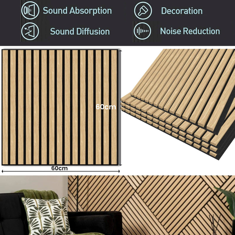 4 Pcs 60cm x 60cm Wall Panel Wood Slat Acoustic Panels Sound Absorbing Proof Panel for Wall Ceiling Decorative Oak
