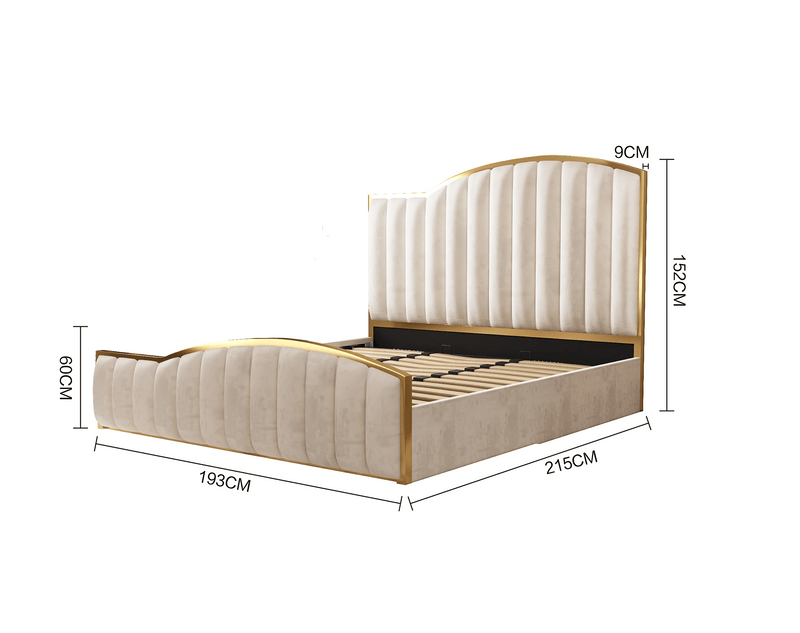 Elegant Luxury King Size Bedframe in Beige with Gas Lift Storage Velvet Fabric Golden Trim