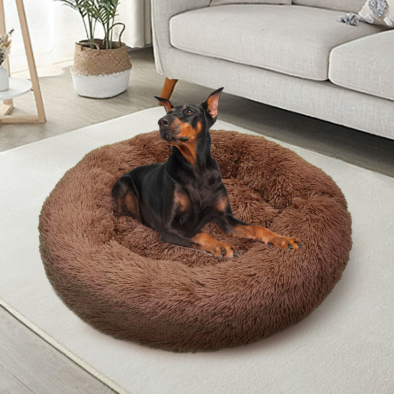 Pet Dog Bedding Warm Plush Round Comfortable Nest Sleeping kennel Coffee M 70cm