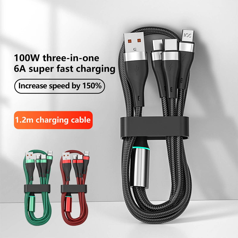 Mobax Nylon Woven 100W Super Fast Charging 3-in-1 USB Charger Charging Cable Black