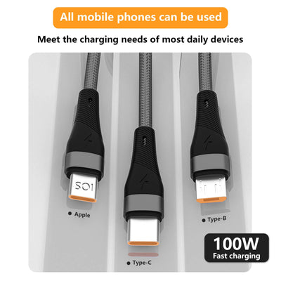 Mobax Nylon Woven Lamp 100W Fast Charging 3-in-1 Charger Cable For Apple Samsung Black