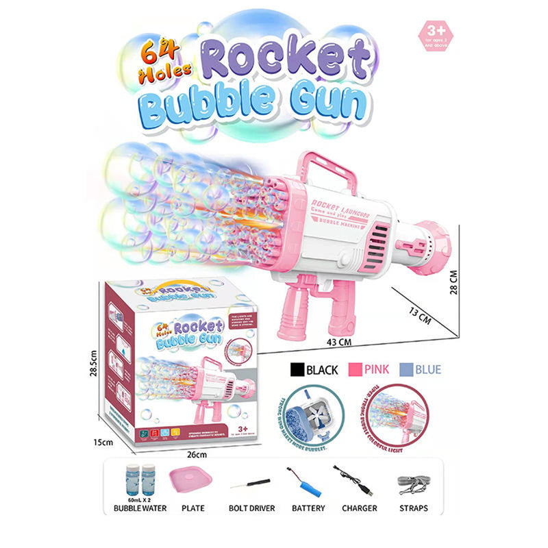 Bubblerainbow 64 Hole Electric Bubble Machine Hand-Held Rocket Gatling Bubble Gun Toy Pink