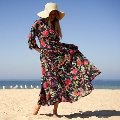 Cotton Maxi Dress Summer Dress Boho dress Gift for her Long Boho Dress Women Kimono Wrap Dress Valentine Mother's Day Christmas - LXL