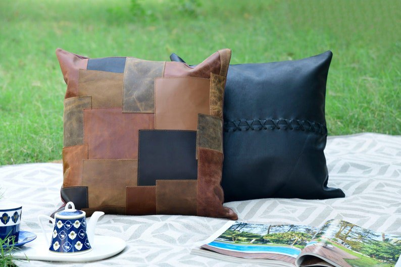 Melbourne Leather Co Genuine Leather Patchwork Cushion Cover Pillow Cover Leather Pillow Leather Cushion Vintage Leather Tan Pillow Cover