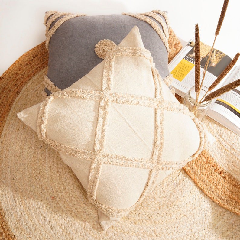 Linen Connections Tassel Hand Tufted Cushion Cover Moroccan Boho &