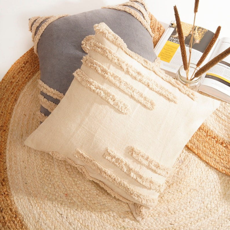 Linen Connections Tassel Hand Tufted Cushion Cover Moroccan Boho &