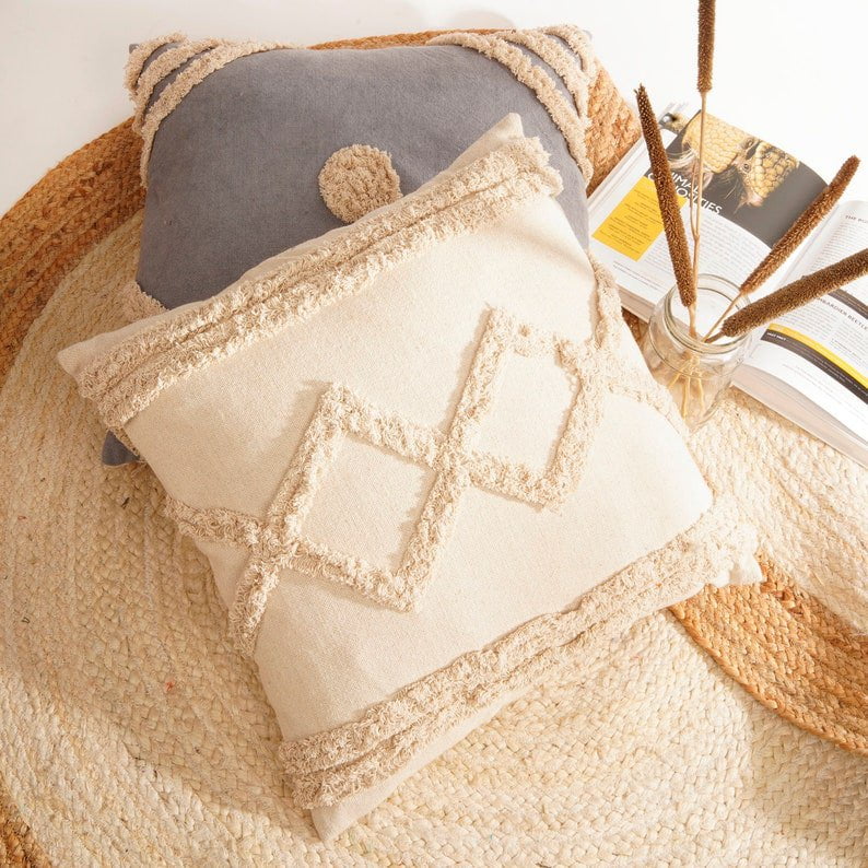 Linen Connections Tassel Hand Tufted Cushion Cover Moroccan Boho &