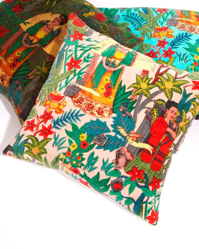 Linen Connections Frida Kahlo Velvet Cushion Cover Frida's Garden Cushion Handmade Mexico Muertes Decorative Cushion 100% cotton velvet